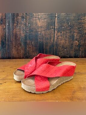 Yokono Cross Strap Red Leather Cork Wedge Weave Sandal Shoes Spain Size 8
